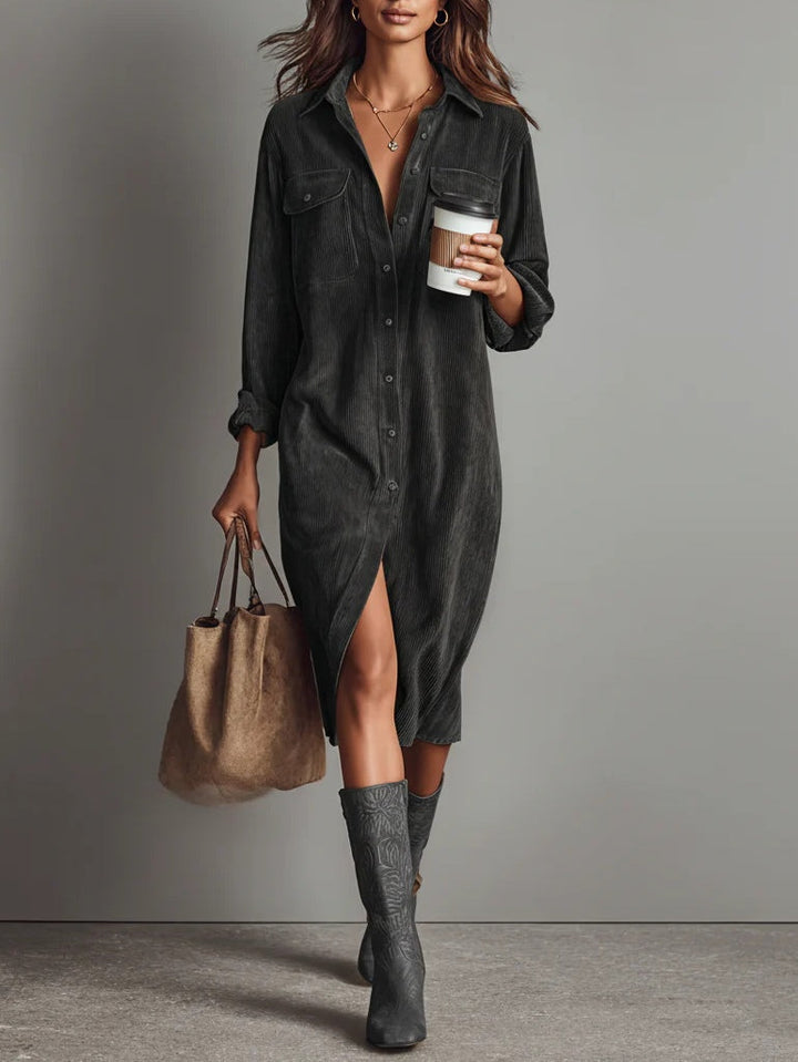 Loose Corduroy dress | Double Chest Pocket Single Breasted Midi Dress