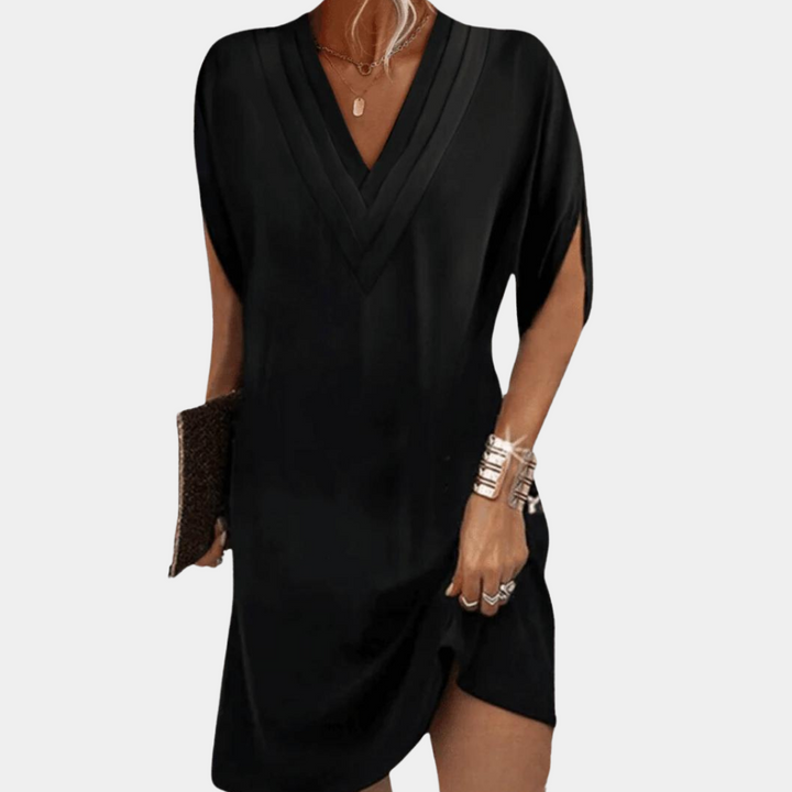 V-Neck Split Sleeve Dress | Elegant Black Knee-Length Design