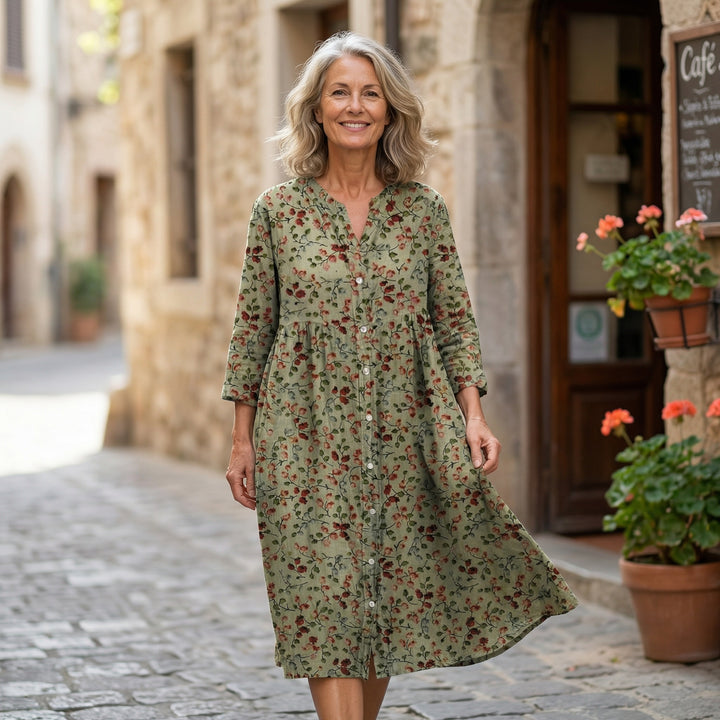 Women’s Retro Floral Cotton Shirt Dress with Pockets