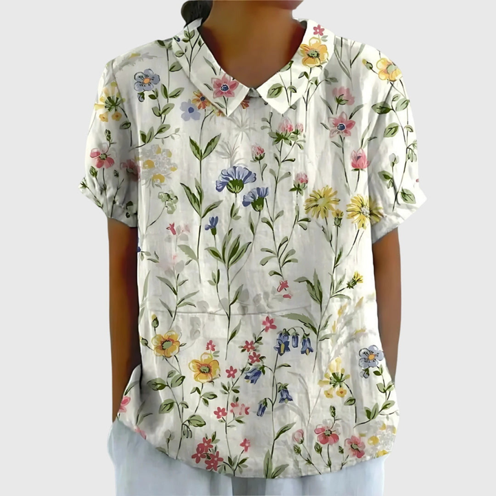 Thea | Women's Linen Floral Print Short Sleeve Collared Blouse