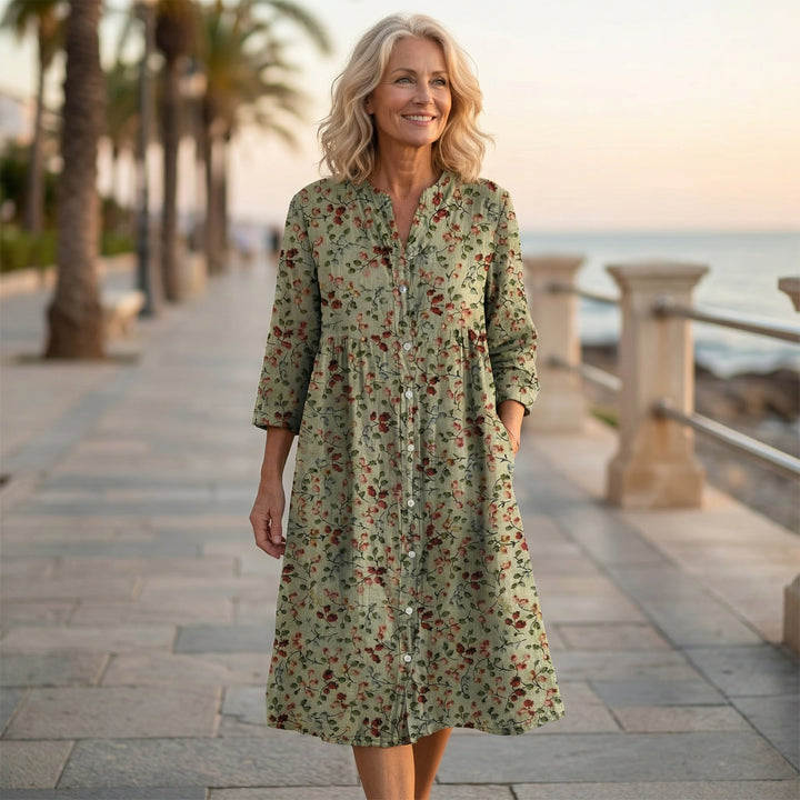Women’s Retro Floral Cotton Shirt Dress with Pockets