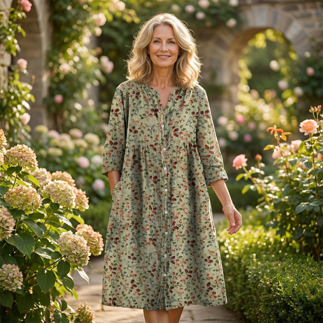 Women’s Retro Floral Cotton Shirt Dress with Pockets