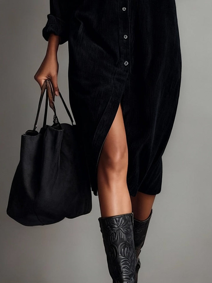Loose Corduroy dress | Double Chest Pocket Single Breasted Midi Dress