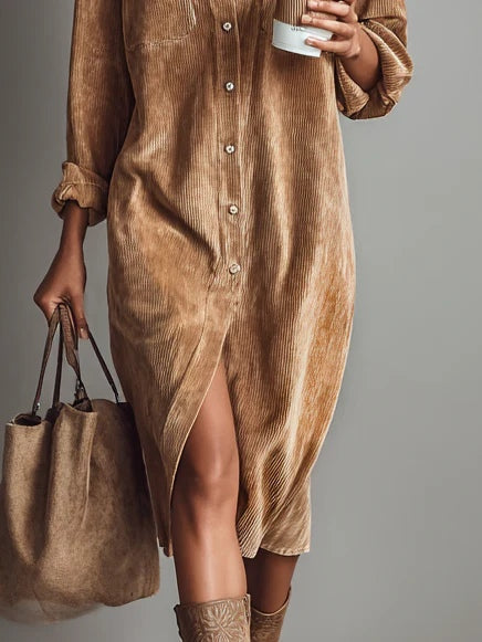 Loose Corduroy dress | Double Chest Pocket Single Breasted Midi Dress