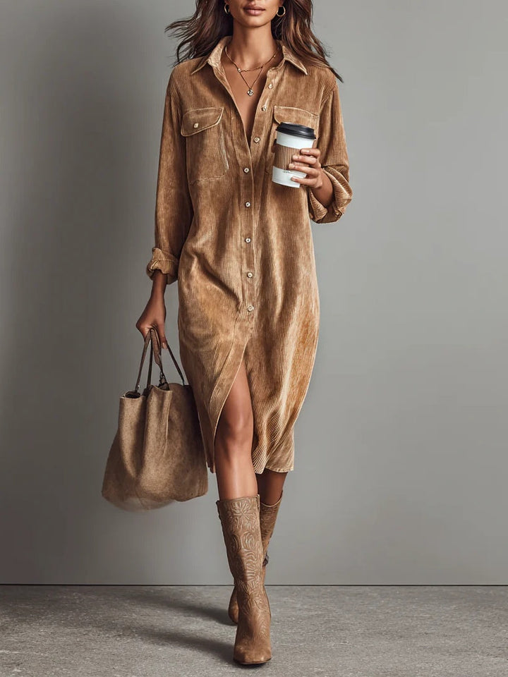 Loose Corduroy dress | Double Chest Pocket Single Breasted Midi Dress