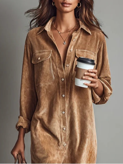 Loose Corduroy dress | Double Chest Pocket Single Breasted Midi Dress