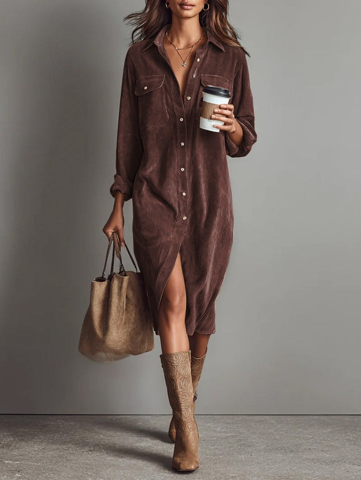 Loose Corduroy dress | Double Chest Pocket Single Breasted Midi Dress