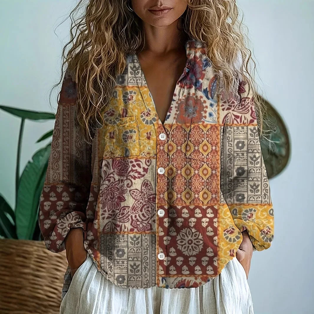 Petra | Women's Embroidered V-Neck Long Sleeve Blouse